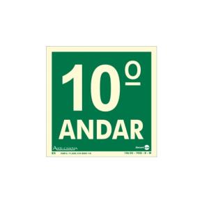 Placa de Sinalização Pavimento 10° Andar Fotoluminescente 18x18 cm PAF345 - Encartale