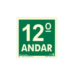 Placa de Sinalização Pavimento 12° Andar Fotoluminescente 18x18 cm PAF347 - Encartale