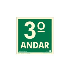 Placa de Sinalização Pavimento  3° Andar Fotoluminescente 18x18 cm PAF338 - Encartale